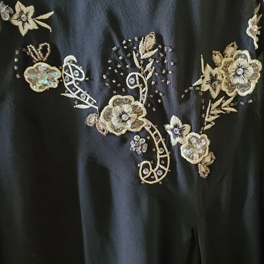 Dress Barn Silk Chiffon Floral Embroidered Sequin Sleeveless V Neck Black sz 14 - Picture 4 of 7